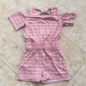 A pink with white Strips romper